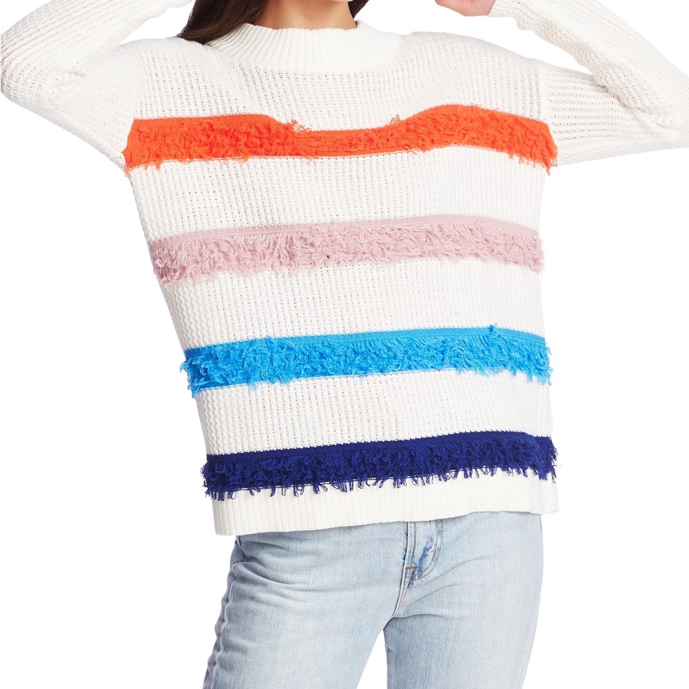 1. STATE Multicolor Stripes Loop Stitched Relaxed Fit White Cream Sweater size S